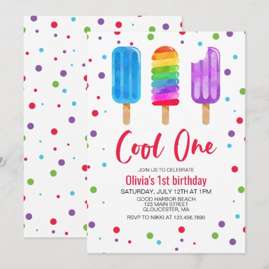 Rainbow Ice Poppen Koel Een 1e Verjaardagsuitnodig Kaart (Voorkant / Achterkant)