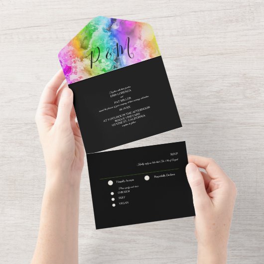 Rainbow Ink Zwart Minimalistisch Elegant Script All In One Uitnodiging (Afscheurbaar)