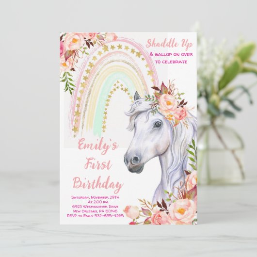 Rainbow Invitation, Horse Birthday Party Kaart (Staand voorkant)