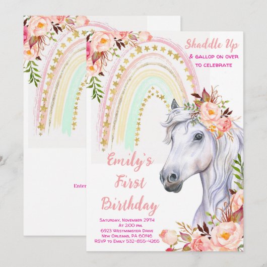 Rainbow Invitation, Horse Birthday Party Kaart (Voorkant / Achterkant)