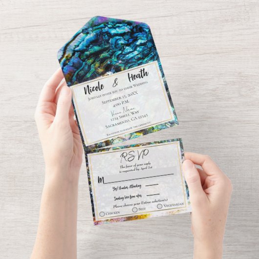 Rainbow Iridescent Abalone Zee Shell Wedding All In One Uitnodiging (Afscheurbaar)