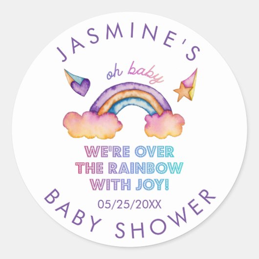 Rainbow Joy Baby shower Favor Ronde Sticker (Voorkant)