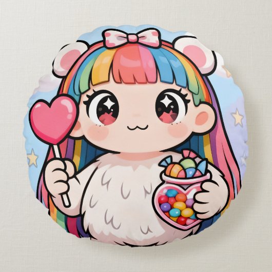Rainbow Kawaii Bear Round Cushion Rond Kussen (Voorkant)