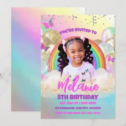 Rainbow Kids Birthday Party Invitation Kaart (Voorkant / Achterkant)