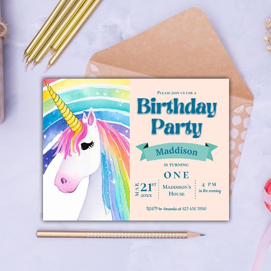 Rainbow Kids Eenhoorn 1e Verjaardagsfeest Uitnodig Briefkaart