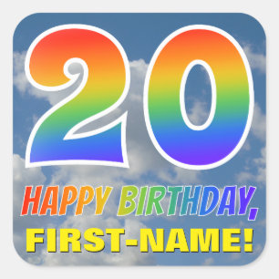Rainbow Kijk "20" & "HAPPY BIRTHDAY", Wolken, Sky Vierkante Sticker