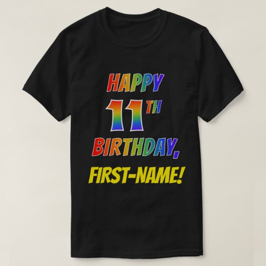 Rainbow Kijk HAPPY 11th BIRTHDAY + aangepaste naam T-shirt (Design voorkant)