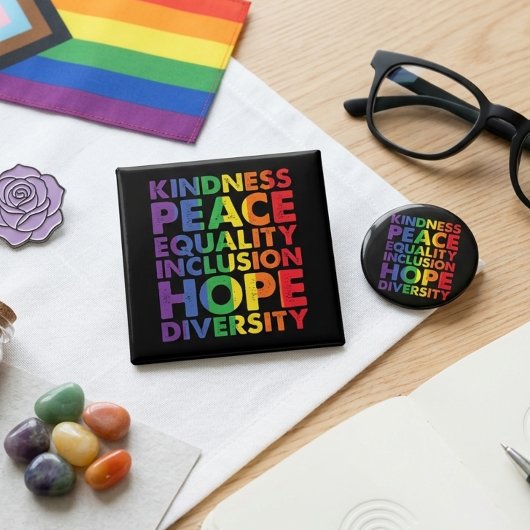 Rainbow Kindness Peace Equality Inclusion Hope  Vierkante Button 5,1 Cm