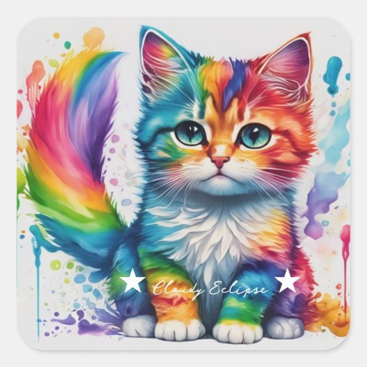 Rainbow Kitten Painter Vierkante Sticker (Voorkant)