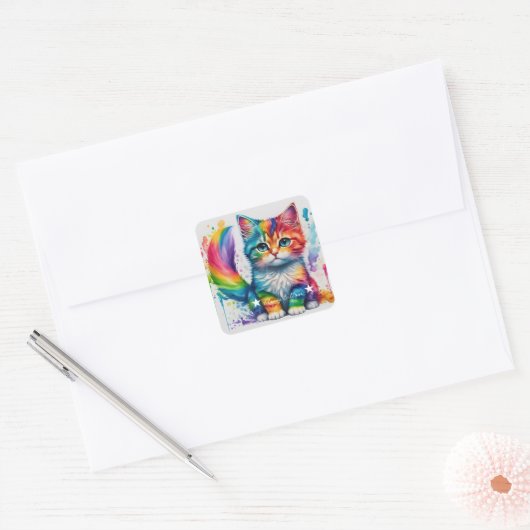 Rainbow Kitten Painter Vierkante Sticker (Envelop)