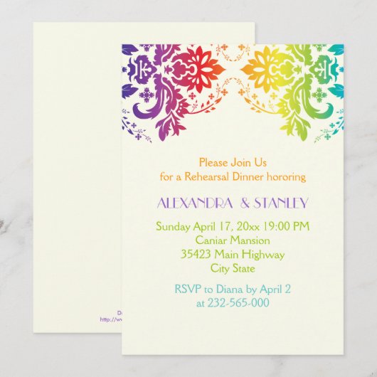 Rainbow kleuren damask bruiloft repetitie diner kaart (Voorkant / Achterkant)