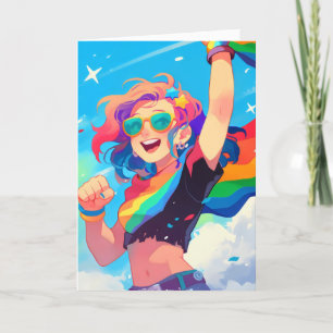Rainbow Kleuren Happy Anime Girl Feestdagen Kaart