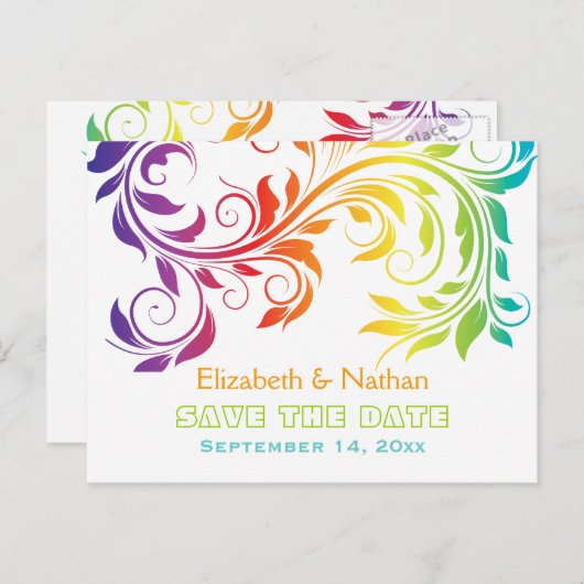 Rainbow-kleuren scroll leaf bruiloft Save the Date Aankondigingskaart (Voorkant / Achterkant)