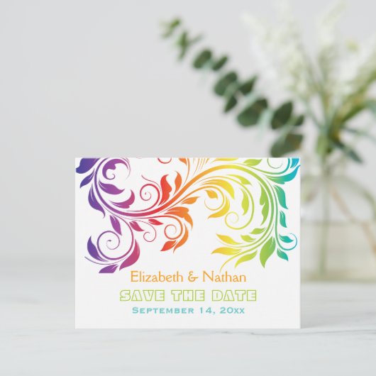 Rainbow-kleuren scroll leaf bruiloft Save the Date Aankondigingskaart (Staand voorkant)