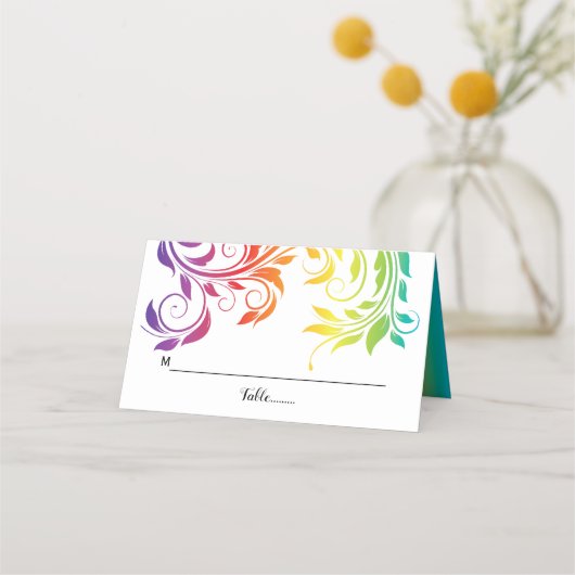 Rainbow-kleuren scroll leaf LGBT bruiloft Plaatskaartje (Voorkant)