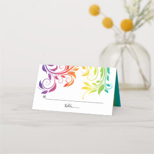 Rainbow-kleuren scroll leaf LGBT bruiloft Plaatskaartje