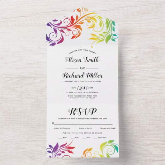 Rainbow-kleuren scrolleaf gay, lesbische bruiloft all in one uitnodiging (Binnen)