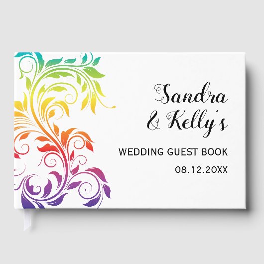Rainbow-kleuren scrolleaf homo lesbian bruiloft gastenboek (Voorkant)