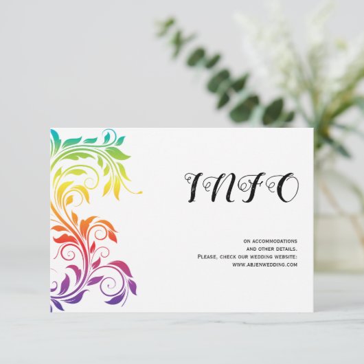 Rainbow-kleuren scrolleaf homo lesbian bruiloft informatiekaartje (Staand voorkant)