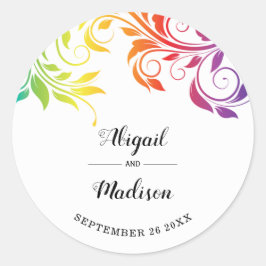 Rainbow-kleuren scrolleaf homo lesbian bruiloft ronde sticker