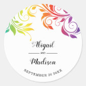 Rainbow-kleuren scrolleaf homo lesbian bruiloft ronde sticker (Voorkant)