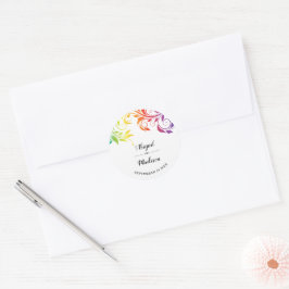 Rainbow-kleuren scrolleaf homo lesbian bruiloft ronde sticker