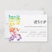 Rainbow-kleuren scrolleaf homo lesbian bruiloft RSVP kaartje (Voorkant)