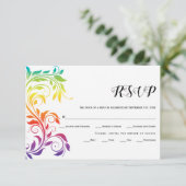 Rainbow-kleuren scrolleaf homo lesbian bruiloft RSVP kaartje (Staand voorkant)
