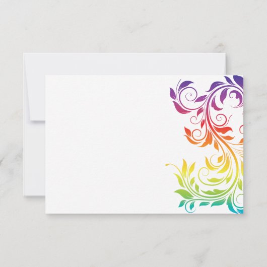 Rainbow-kleuren scrolleaf homo lesbian bruiloft RSVP kaartje (Achterkant)