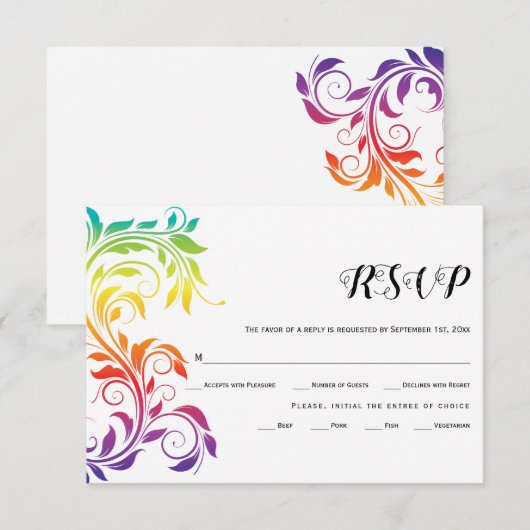 Rainbow-kleuren scrolleaf homo lesbian bruiloft RSVP kaartje (Voorkant / Achterkant)