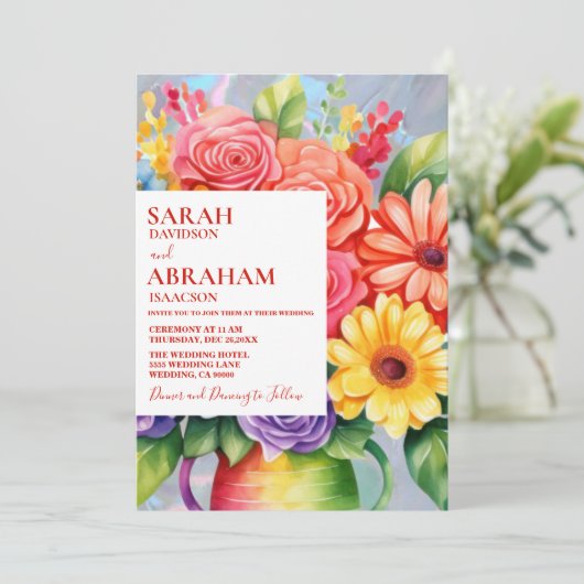Rainbow Kleurrijke Bloemen Huwelijksuitnodiging Kaart (Staand voorkant)
