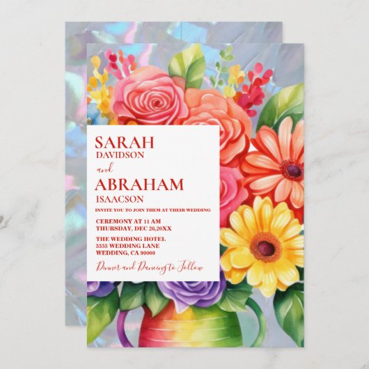Rainbow Kleurrijke Bloemen Huwelijksuitnodiging Kaart (Voorkant / Achterkant)