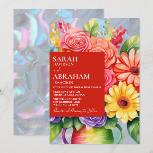 Rainbow Kleurrijke Bloemen Huwelijksuitnodiging Kaart (Voorkant / Achterkant)