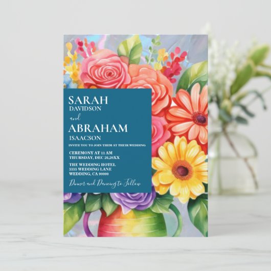 Rainbow Kleurrijke Bloemen Huwelijksuitnodiging Kaart (Staand voorkant)