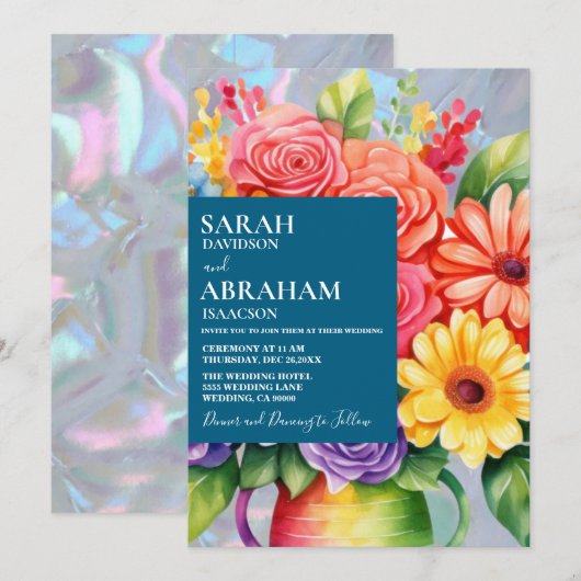 Rainbow Kleurrijke Bloemen Huwelijksuitnodiging Kaart (Voorkant / Achterkant)