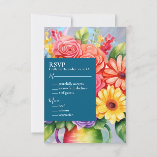 Rainbow Kleurrijke Bloemen Huwelijksuitnodiging RSVP Kaartje (Voorkant)