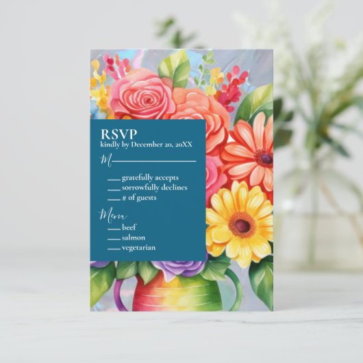 Rainbow Kleurrijke Bloemen Huwelijksuitnodiging RSVP Kaartje (Staand voorkant)