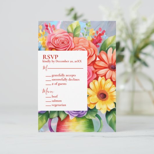 Rainbow Kleurrijke Bloemen Huwelijksuitnodiging RSVP Kaartje (Staand voorkant)