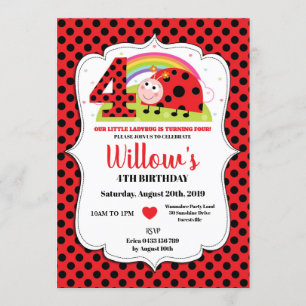 Rainbow Ladybug 4th Birthday Invitation Girl Kaart