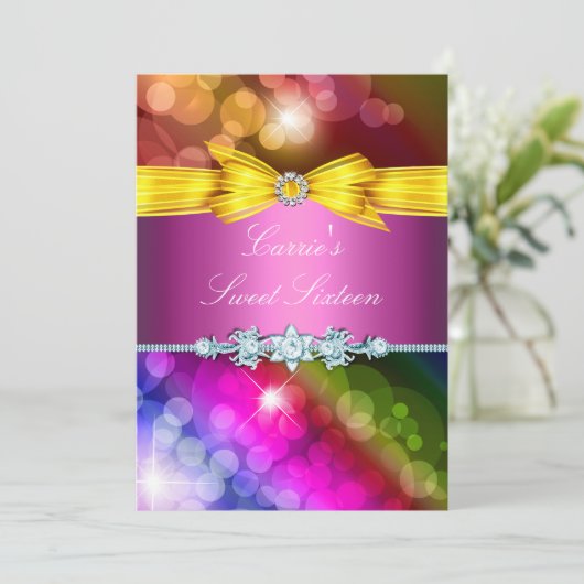 Rainbow-lampjes en Bow Sweet Sixteen-uitnodiging Kaart (Staand voorkant)