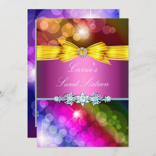 Rainbow-lampjes en Bow Sweet Sixteen-uitnodiging Kaart (Voorkant / Achterkant)