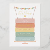 Rainbow Layer Cake Girl Verjaardagsfeestje Folie Uitnodiging (Voorkant)