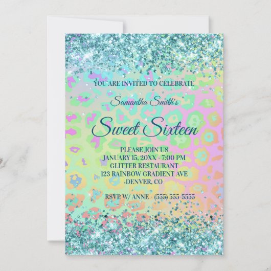 Rainbow Leopard Faux Blauwgroen Glitter Sweet 16 Kaart (Voorkant)