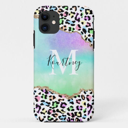 Rainbow Leopard Monogram & Naam Case-Mate iPhone Case (Achterkant)