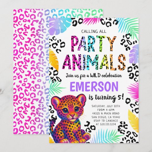 Rainbow Leopard Party Dieren Verjaardagsuitnodigin Kaart (Voorkant / Achterkant)