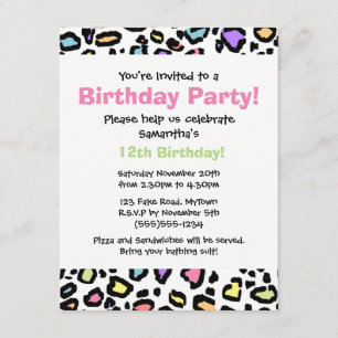 Rainbow Leopard Print Birthday Party Invitation Kaart