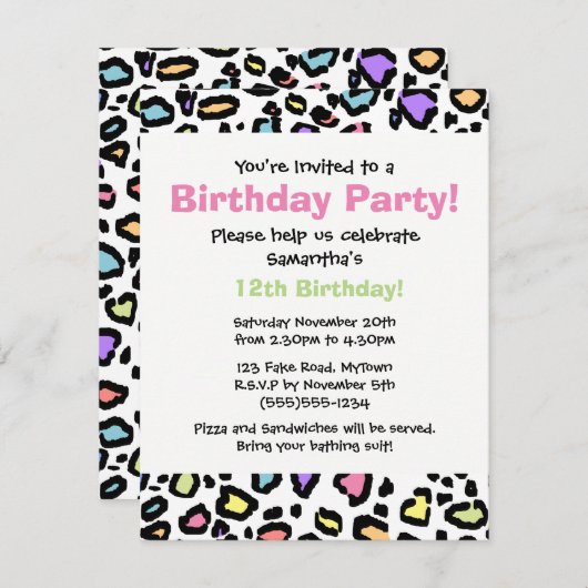 Rainbow Leopard print verjaardagsfeestje uitnodigi Kaart (Voorkant / Achterkant)