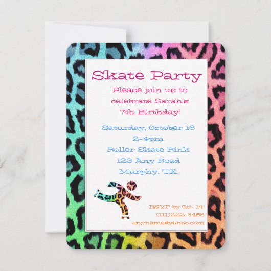 Rainbow Leopard Roller Schaats Birthday Uitnodigin Kaart (Voorkant)