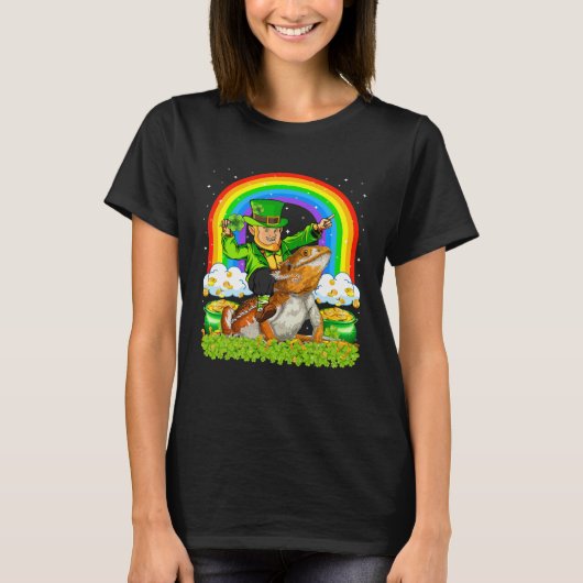 Rainbow Leprechaun Riding Bearded Dragon St Patric T-shirt (Voorkant)