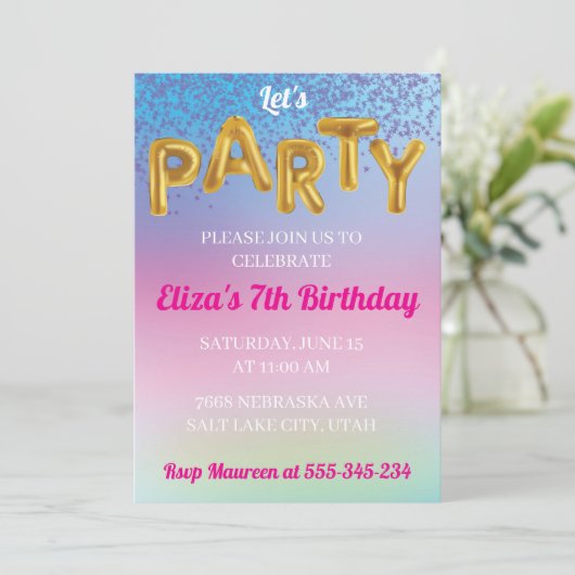 Rainbow Let's Party Fun Gouden Ballon Uitnodiging (Staand voorkant)